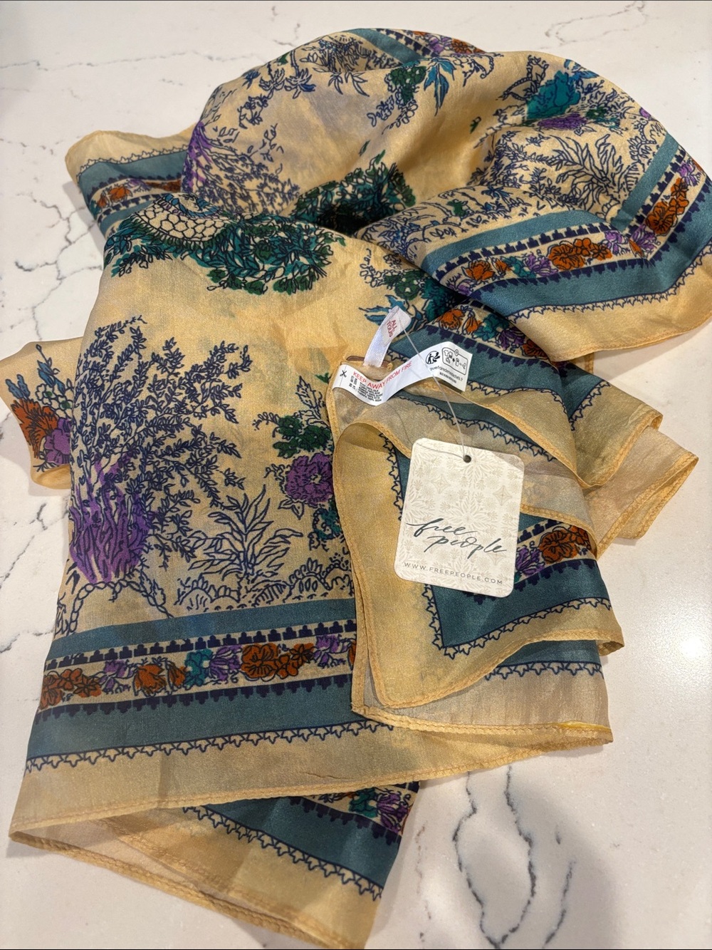Free People Sheer Floral Scarf in Mustard with Teal and Purple Accents